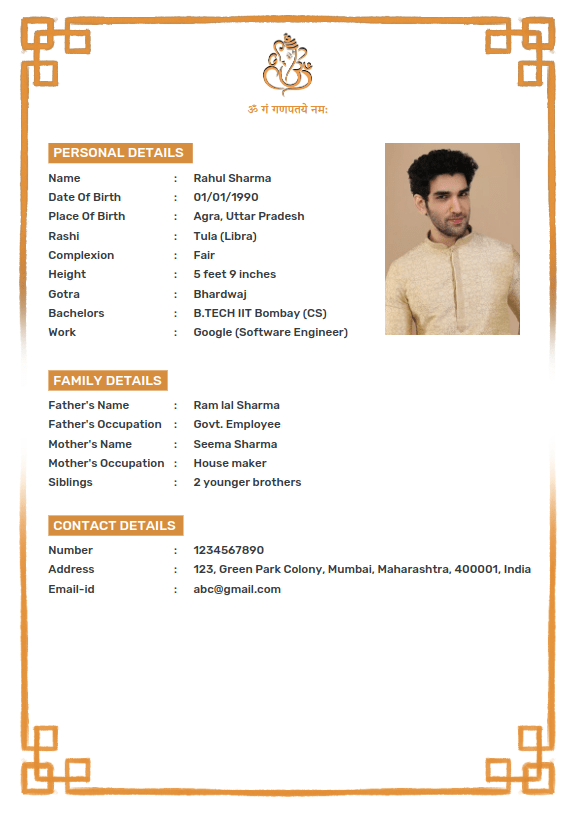 Marriage biodata template design 1: Shubh Saffron